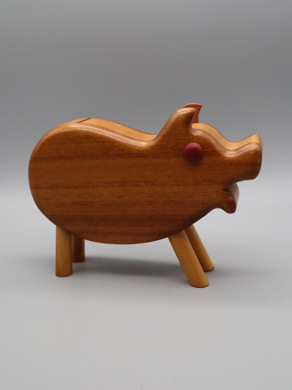 Vintage Handcrafted Wooden Piggy Coin Bank Pig Shape Nursery Decor Mid-Century
